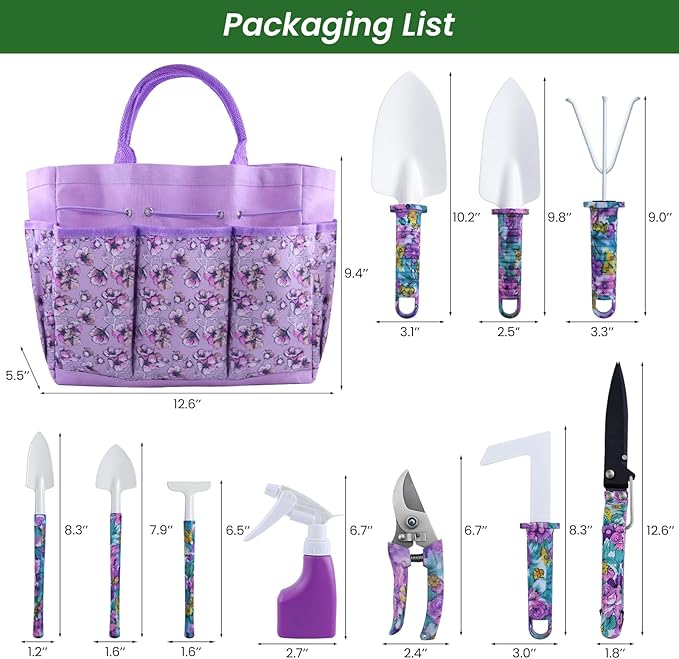 Gardening Tool Set 10-Piece, Heavy Duty Garden Tool Set with Purple Floral Tote Bag and Gift Box, Gardening Tools Kit with Ergonomic Non-Slip Handle, Ideal Gardening Gifts for Women Mom