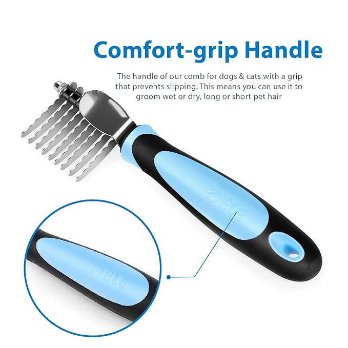 Flexzion Dogs Dematting Comb, Stainless Steel Blades Rakes, for Pets Cats Animals Matted Knotted Hair, Brush Cutting Removing Grooming Tool with Smooth Teeth Needle - Black & Blue Handle