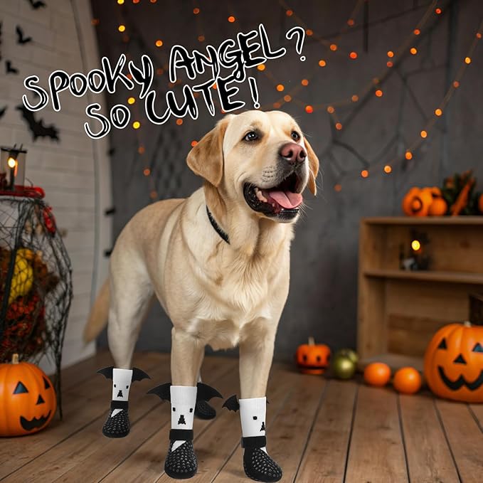 EXPAWLORER Halloween Anti Slip Dog Socks to Prevent Licking Paws, Boots & Paw Protectors with Grippers,Doggie Booties for Hardwood Floors for Small Medium Large Senior Dogs Costume White Ghost Wings M