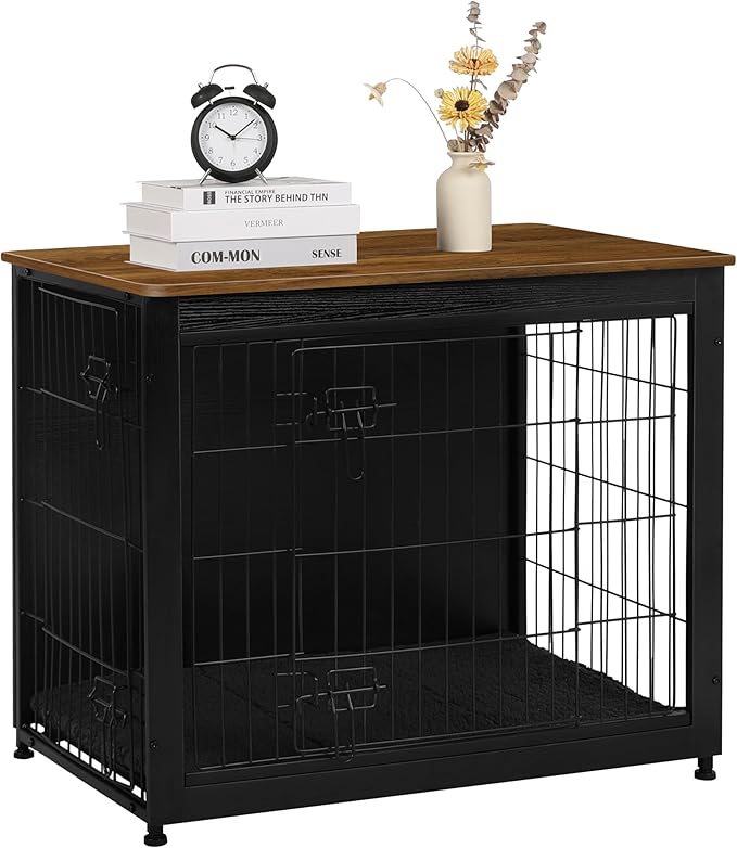 DWANTON Dog Crate Furniture with Cushion, Wooden Kennel Table with Double Doors, Indoor Dog House, Medium Size, 32.5" L, Black+Warm Brown
