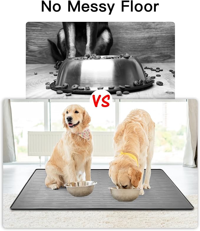 32" x 24" Large Pet Food Mat, Silicone Dog Mats for Food and Water, Nonslip Pet Feeding Mats for Floors,Dog Cat Bowl Mat with Raised Edges, Gray White