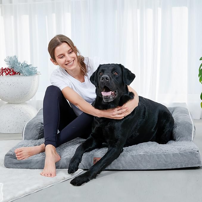 Orthopedic Dog Beds for Large Dogs, Waterproof Dogs Beds, Memory Foam Dog Couch Beds, Comfy Bolster Pet Beds with Removable Washable Cover, Nonskid Bottom (Large, Grey)