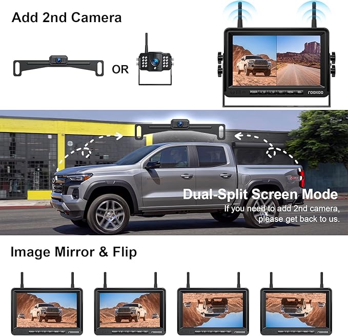 Fookoo HD 1080P 7-inch Wireless Backup Camera, 7" Split Screen Monitor + Rear View Licence Plate Camera, DIY Guide Lines Wide Angle IP69 Waterproof Easy to Install for Car Pickup Van SUV - DW7CT