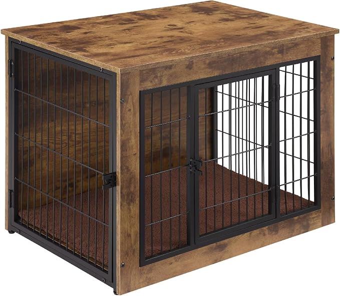 FLEXIMOUNTS Dog Crate Furniture with Cushion, Wooden Dog Kennel Furniture, Heavy Duty Dog Cage, 40" Dog Kennel with Double Doors, L