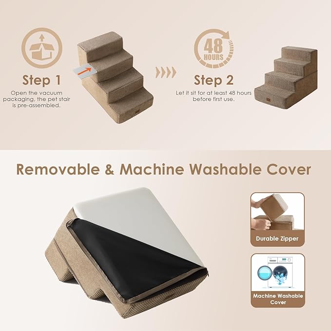 EHEYCIGA Dog Stairs for Bed 18" H, 4-Step Dog Steps for High Bed, Pet Steps for Small Dogs and Cats, Non-Slip Balanced Pet Ramp Indoor, Camel