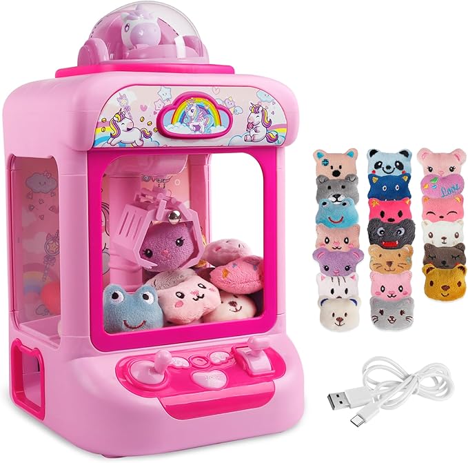 TingingYuli Claw Machine for Kids,Unicorn Mini Vending Machines Candy Grabber Prize Dispenser Toys for Girls,Electronic Arcade Game with 20 Mini Plush Toys for Christmas Easter Birthday Gifts