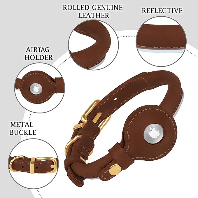 OOPSDOGGY Rolled Leather Dog Collar with Airtag Holder - Reflective Round Airtag Dog Collar - Soft Tracking Pet Collar for Small Dogs Puppy Cats Kitten (Brown, XL, 17"-21")