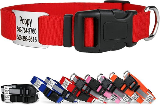 GoTags Personalized Dog Collar with Nameplate, Adjustable Dog Collar with Custom Engraved Slide On Pet ID Tag in Stainless Steel, Silent, No Noise Dog Tag for Large Medium and Small (Red, Medium)