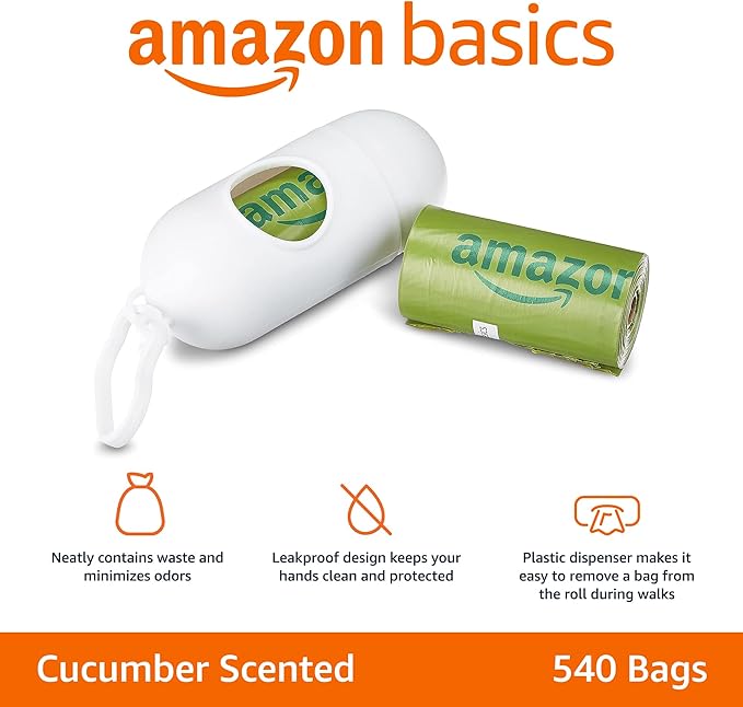Amazon Basics Dog Poop Bags with Dispenser, 540 Count, Enhanced for Guaranteed Leakproof, Cucumber Scented, Includes Leash Clip