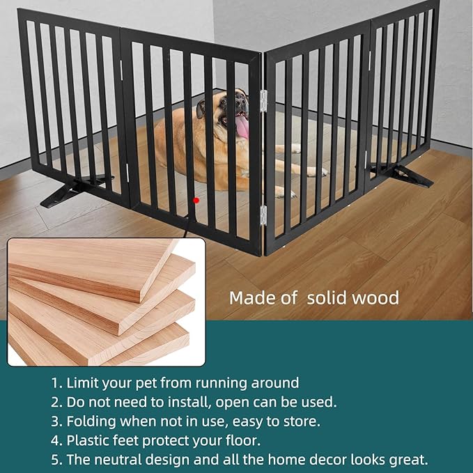 ZJSF Freestanding Indoor Dog Gate for House Foldable Wood Puppy Gate for Doorways Pet Gate for Stairs Extra Wide Pet Fence, Black, 24" Height 3 Panels