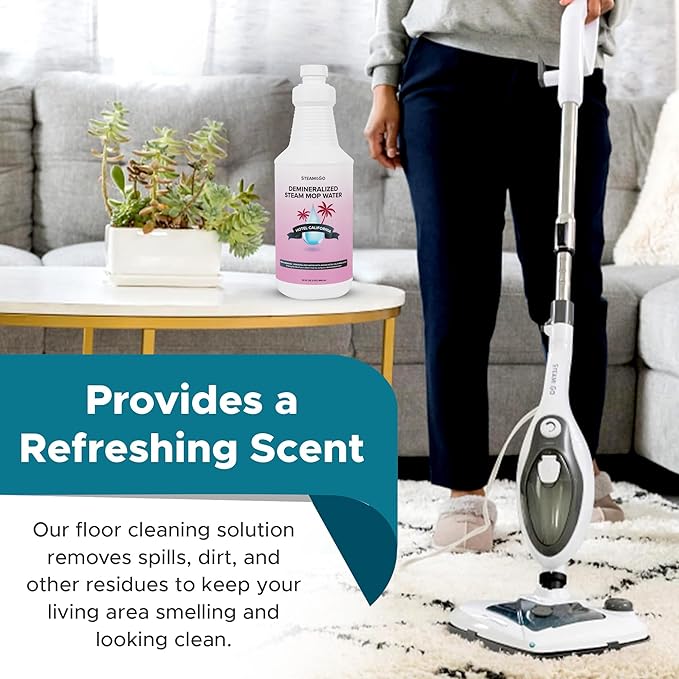 Steam & Go Deminerilized Water - Multi-Surface Cleaner for Steam Cleaners, Hardwood Floors, Kitchens, & Bathrooms - Germ-Killing Formula - Hotel California Scent - 32 Ounces (Pack of 6)