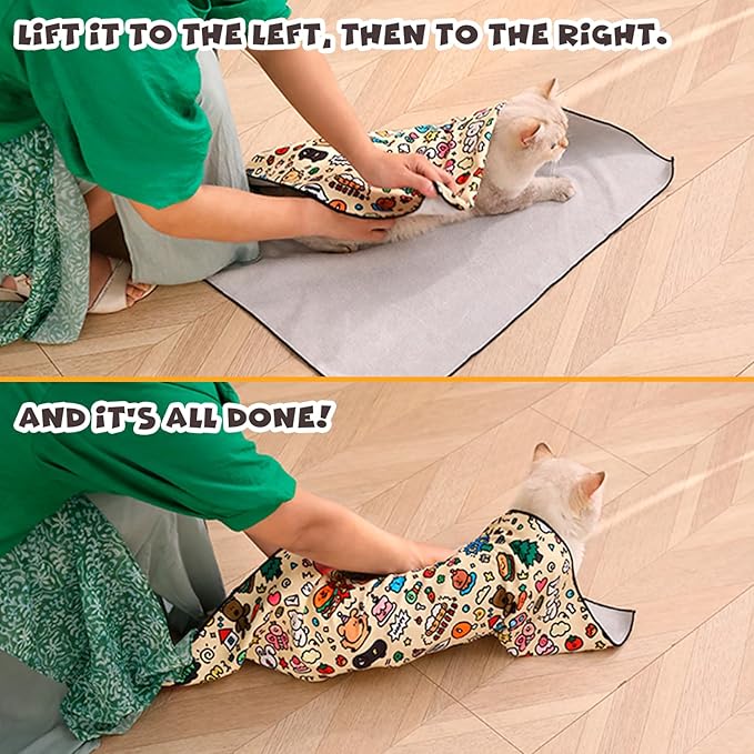 Cat Grooming Wrap, Self-Adherent Soft Cat Blanket to Wrap, Nail Clipping, Anti-Bite, Anti-Scratch, Anti-Escape Calming Wrap (Cute Prints, 10-13 lbs)