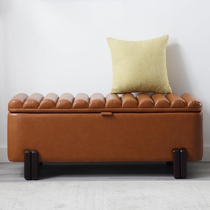 Wavy Ottoman Storage Bench Multi-Functional Narrow Entryway Bench Elegant End of Bed Bench with Storage and Safty Hinge for Living Room Entryway Hallway Bedroom Boutique, Brown