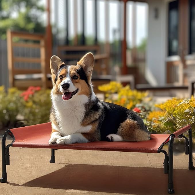 Veehoo Elevated Dog Bed, Outdoor Raised Dog Cots Bed for Medium Dogs, Cooling Camping Elevated Pet Bed with Slope Headrest for Indoor and Outdoor, Washable Breathable, Medium, Red, CWC2204