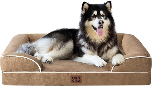 EHEYCIGA Orthopedic XL Dog Beds, Waterproof Memory Foam Dog Bed for Extra Large Dogs, Non-Slip Bottom and Egg-Crate Foam Big Pet Couch Bed with Washable Removable Cover, Camel