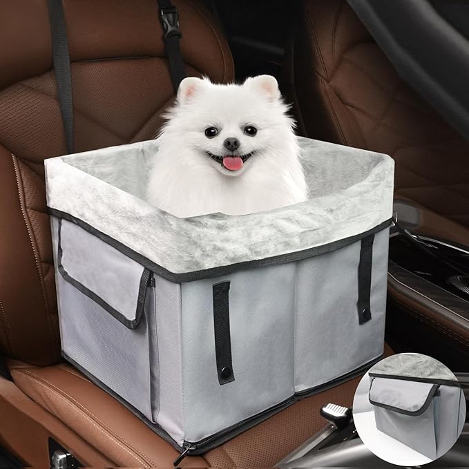Eunice Small Dog Car Seat, 15.5 in (L) X 14.6 in (W) X 13 in (H) Washable Detachable and Portable Dog Booster Car Seat with Clip-on Safety Leash, Puppy Car Seats Storable Bottom Layer - Up to 25 lbs