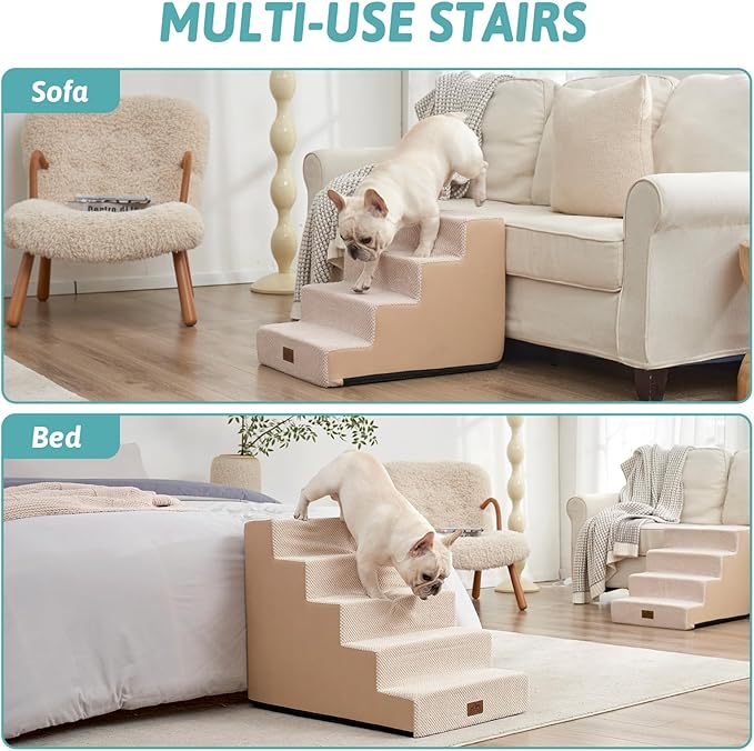 Dog Stairs for Small Dogs, 5 Tier Wider Pet Stairs for High Beds, 23.6" H Non-Slip Dog Steps for Old Cats, Puppies, Small Medium Dogs, 29.5x19.7x23.6 inch, Beige
