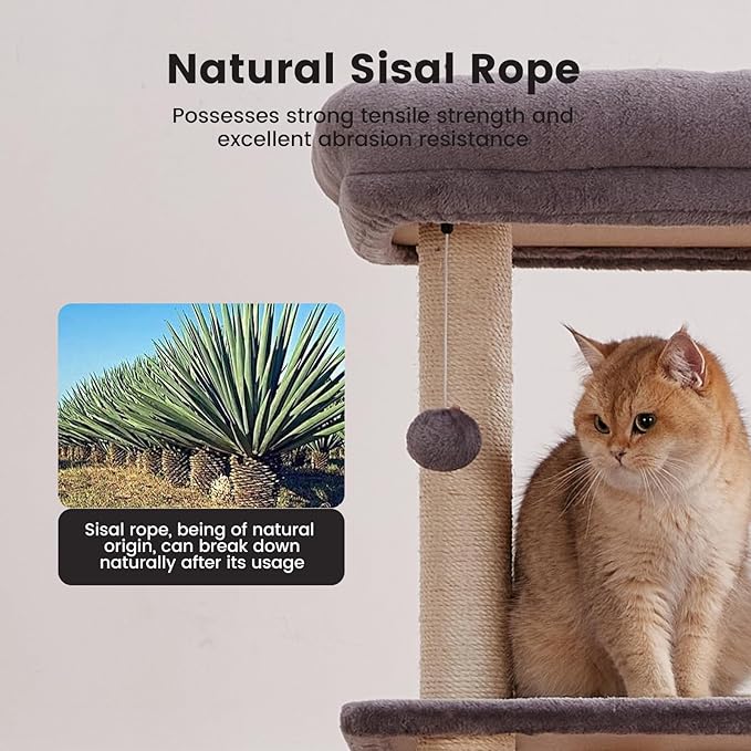 Gardner Pet 65in Heavy Duty Cat Tree Tower for Large Cats, Multi-Level Cat Furniture with Replaceable Sisal Scratching Post, Hammock | Extra-Large Platform & Condo (Grey)