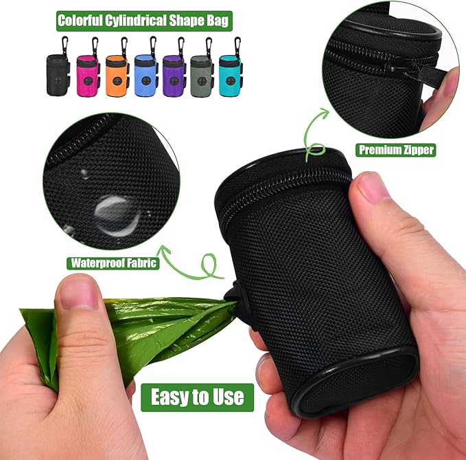 Dog Poop Bag Holder for Leash Attachment - Waste Bag Dispenser for Leash - Fits Any Dog Leash - Portable Set with Hand Free Holder Metal Carrier, Round Shape, Orange