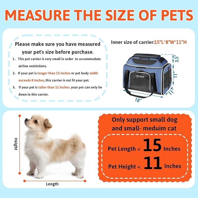 Petskd Top-Expandable Pet Carrier 18x11x11 Inches Delta American United Airline Approved, Soft-Sided Carrier for Small Cats and Dogs with Locking Safety Zippers and Anti-Scratch Mesh(Blue)