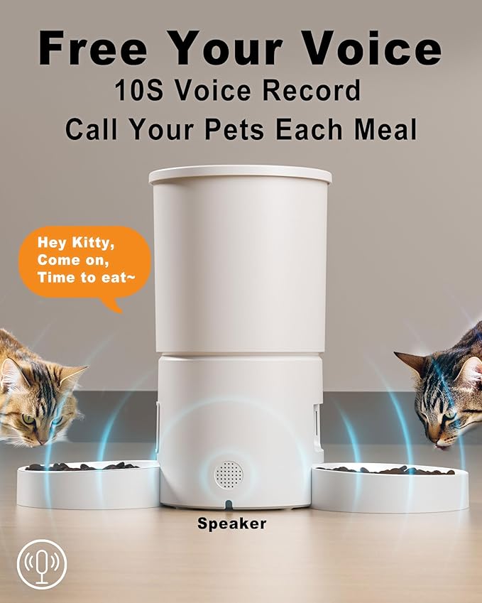 Dual Automatic Cat Feeder 2 Cats,6 Meals/Day,12 Portions/Meal,4.2L Dual Power Double Bowls Feeder,Dry Food Auto Pet Dispenser,10S Voice Record,Flexible Schedule Timer (White,Basic Dual Bowls)