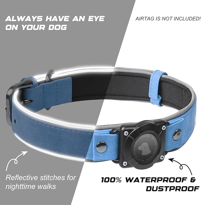 AirTag Dog Collar - Leather Dog Collar with Air Tag Holder | IPX8 Waterproof, Reflective, High - End, Adjustable Soft Padded | Dog GPS Tracker Collars Fit for Medium Large Dogs (Blue, XL)