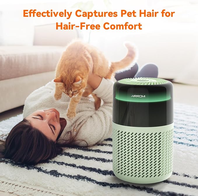 AIRROMI Air Purifier for Bedroom Home,HEPA Filter,Covers Upto 549 Ft²,Quiet 360°intake Air Cleaner with Fragrance ponge for Better Sleep,Night Light,Filters Smoke,Pet Dander,Allergies,Dust,A2005 Green