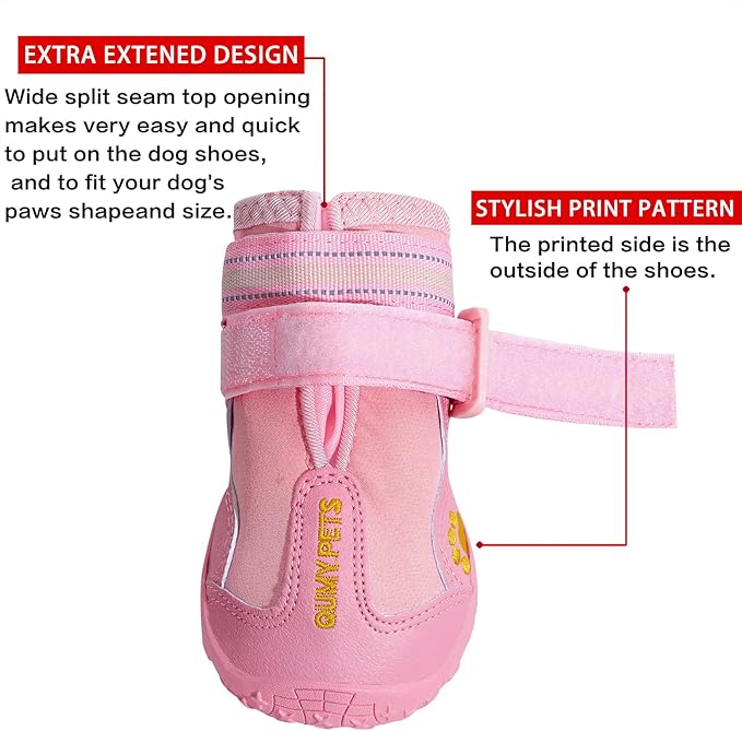 QUMY Dog Shoes for Large Dogs, Medium Dog Boots & Paw Protectors for Winter Snowy Day, Summer Hot Pavement, Waterproof in Rainy Weather, Outdoor Walking, Indoor Hardfloors Anti Slip Sole Pink 3