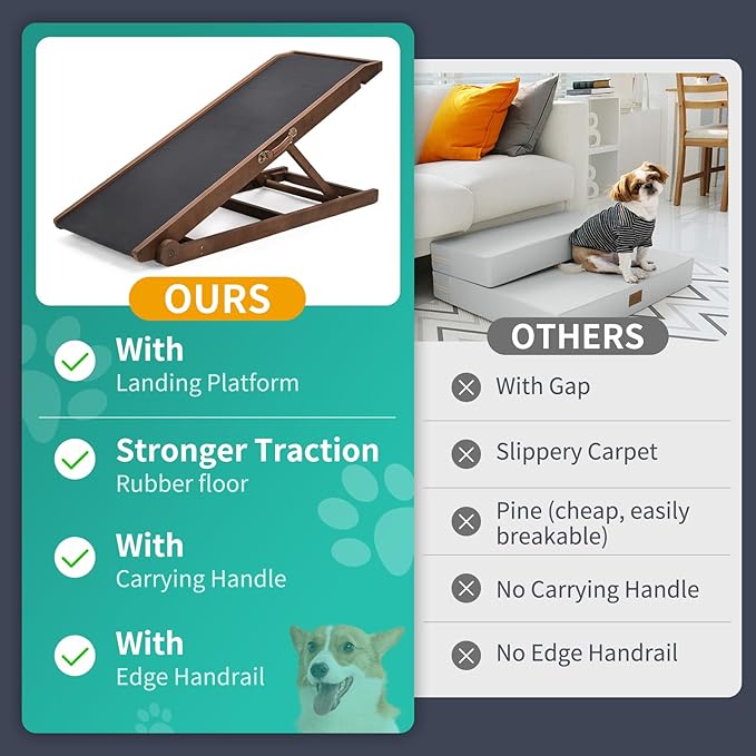 Dog Ramp, Adjustable Height Wooden Folding Pet Ramp for Bed, Couch,SUV-High Traction, Portable Paw Ramps for Small & Large Old Dogs & Cats - Furniture Quality