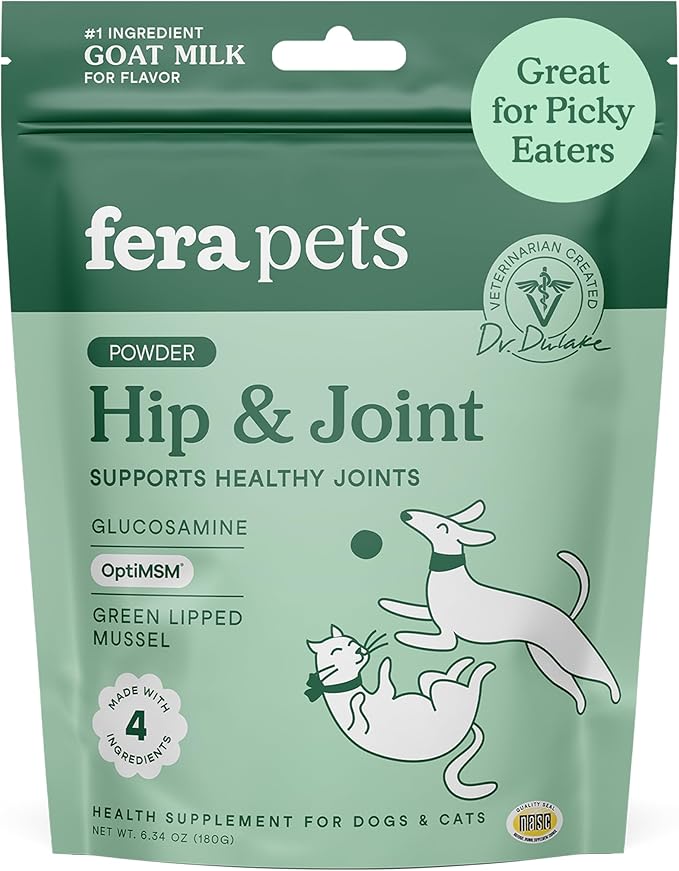 Fera Pets Goat Milk - Cat & Dog Hip and Joint Support with Glucosamine, MSM & Green Lipped Mussel - Supports Flexibility, Mobility & Bone Health - for Picky Eaters - 60 TSP