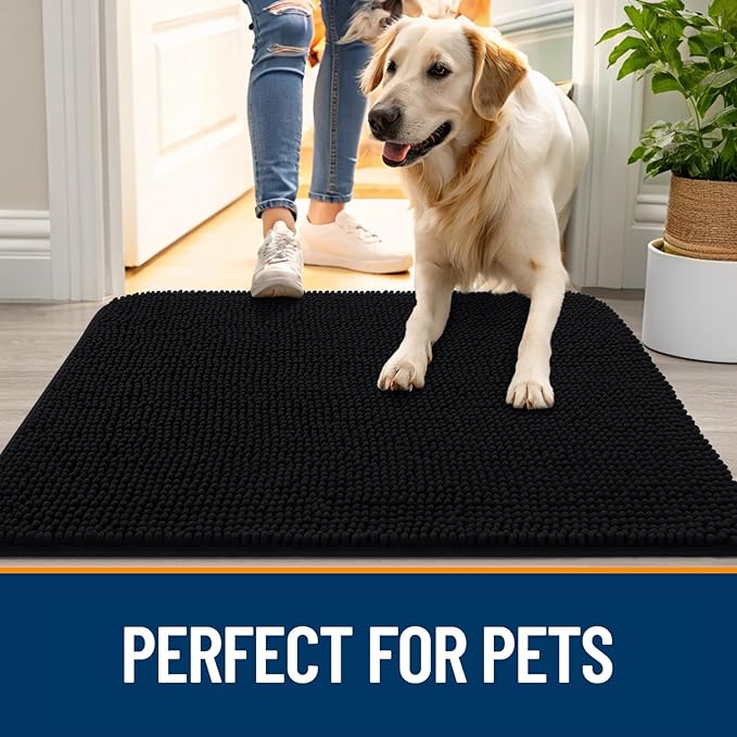 OLANLY Dog Door Mat for Muddy Paws 45x27, Absorbs Moisture and Dirt, Absorbent Non-Slip Washable Doormat, Quick Dry Chenille Mud Mat for Dogs, Entry Indoor Entryway Carpet for Inside Floor, Black