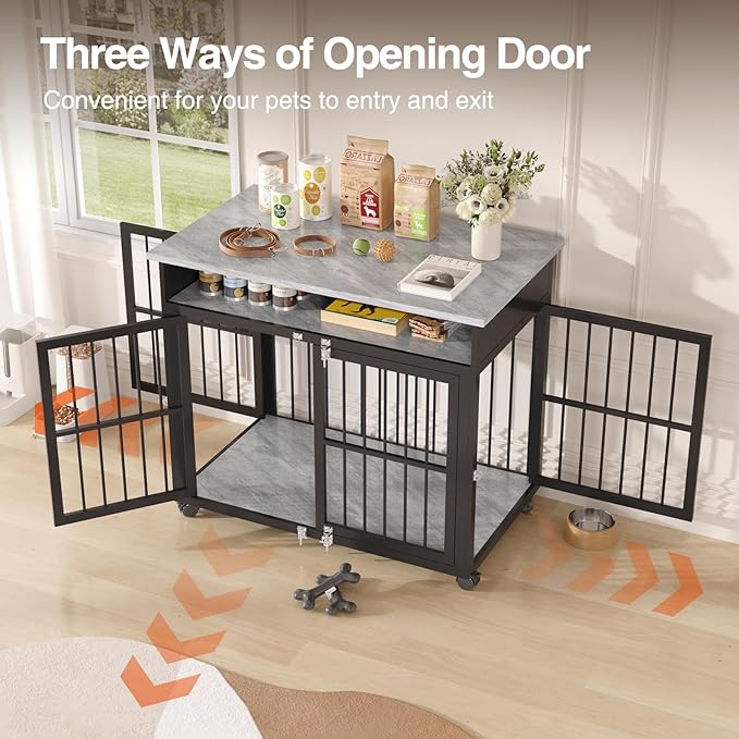 39.4" Dog Crate Furniture for Medium and Large Breed, Dog Kennel Furniture with Storage Shelf & Lockable Wheels, Heavy Duty Wooden End Side Table Pet Cage Indoor, Chew-Resistant, Grey