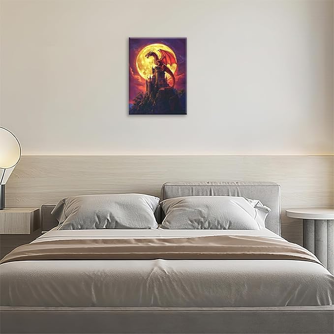 Dragon Bathroom Pictures Wall Art, Red Dragon Castle Bathroom Wall Decor, Framed Painting Canvas Artwork for Bedroom Living Room Decorations 16"L x 12"W