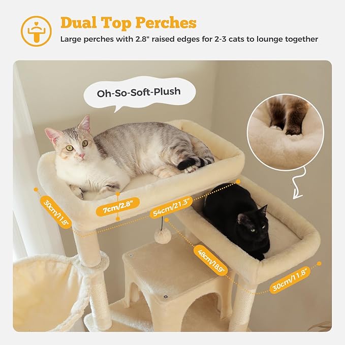 81" Heavy Duty Cat Tree for Large Cats up to 20lbs - Extra Tall Cat Tower with Metal Frame Hammock, 6 Sisal Scratching Posts, 2 Perches - Indoor Cat Furniture for Maine Coon, Big Cats, Beige