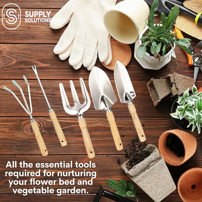 Gardening Tools - Perfect Garden Tools for Women or Men - Small Heavy Duty Gardening Hand Tools with Trowel, Transplanter, Fork, Rake, and Cultivator - Ergonomic Design Gardening Kit