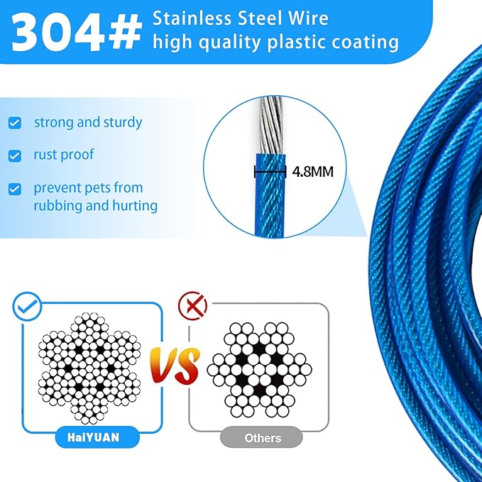 Dog Tie Out Cable - 10/15/20/25/30 FT Blue Steel Wire Cable with Durable Clips - Large Dog Lead for Outside Use - Up to 165 lbs