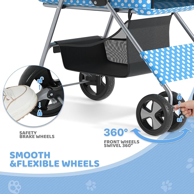 Magshion Foldable Pet Stroller, 3-in-1 Dog Travel Jogger with Detachable Carrier, Cup Holder, Storage Basket, Folding Carrier for Small/Medium Dogs & Cats Up to 33 lbs, Sky Blue Polka Dots