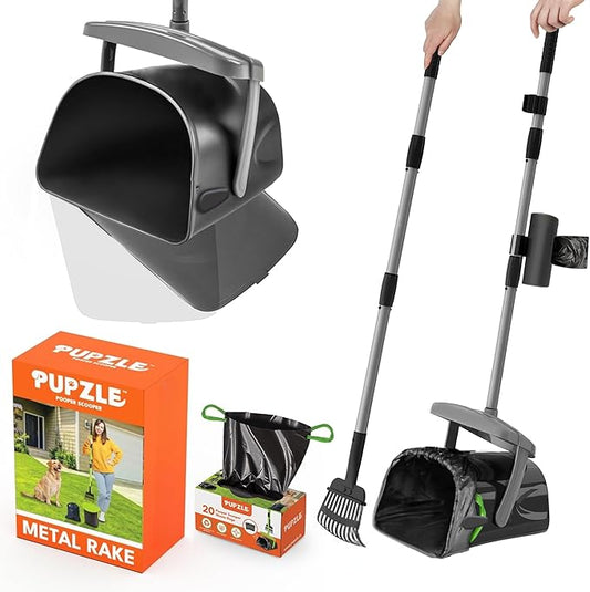 Dog Pooper Scooper with Bag Attachment, 40" Long Handle Pooper Scooper for Large Dogs, Dog Poop Scoop for Yard, Large Capacity Swivel Bin and Rake, Lavender Scented Bags (Grey)