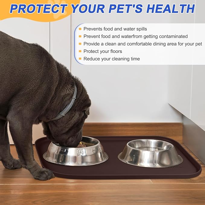 Silicone Pet Feeding Mat with Raised Edge for Food and Water, Dog Bowl Mats, Cat Bowls Placemat with High Lip for Floor Waterproof, Rubber Tray for Cats and Dogs 19 x 12 x0.7 Dark Brown