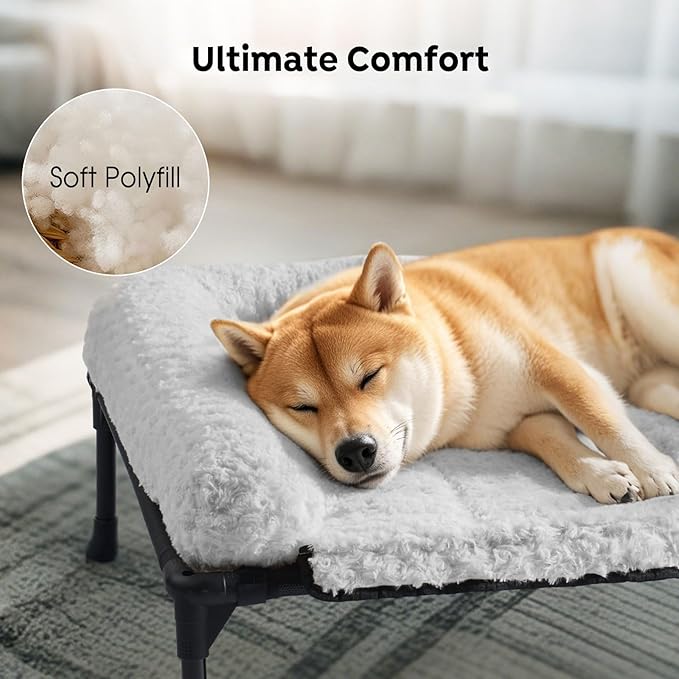 Veehoo Cooling Elevated Dog Bed Add Removable Deluxe Rose Plush Bolster Cushion Mat, 47" x 29" Washable Dog Couch Bed, Raised Pet Cot with Breathable Teslin Mesh, No-Slip Feet, Grey, CWC2439B