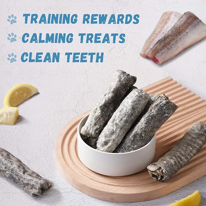 Dog Treats Natural Cod Skin Rolls, Rawhide-Free Chewy Fish Skin Dog Chews, One-Ingredient Healthy Training Treats Rich in Omega3 & Protein, 10.6 oz