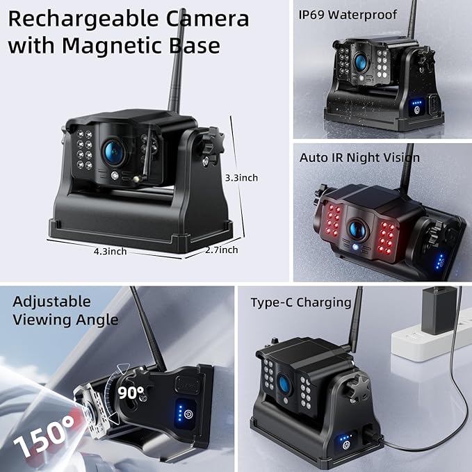 Fookoo HD Magnetic Wireless Backup Camera, 1080P 7" Dual Split Monitor & Rechargeable Rear View Cameras, Lower Consumption 1-Min Installation No Drilling Recording for RV Trailer Truck Camper DCX702