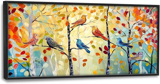 Extra Large Framed Abstract Bird Forest Wall Art,Colorful Birds Birch Tree Wall Decor Pictures for Living Room,Canvas Print Painting Modern Artwork Bedroom Office Bathroom Home Decor 60L x 30W