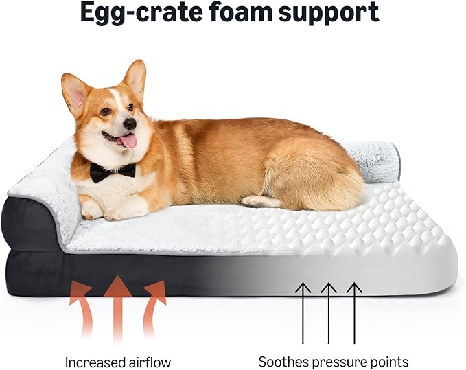 Amazon Basics Washable L-Shaped Dog Bed for Small Dogs, Anti-Slip Pet Sofa Bed for Indoor Dogs, Crate Bed, 30x20x6.5 Inches, Gray