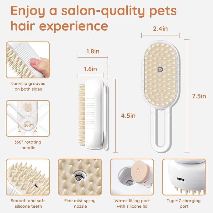 GKZ Cat Steam Brush, 3 in 1 Pet Comb for Massage, Cleaning, Shedding and Combing, Electric Mist to Prevent Flyaways for Home, Dogs and Cat Lovers - White