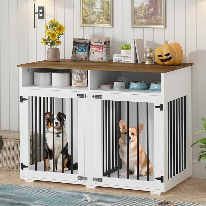 Furniture Dog Crate for 2 Dogs, 41 Inch Dog Kennel Furniture with Removable Divider and Shelf Storage, Wooden Dog Crate for Small/Medium Dogs, White
