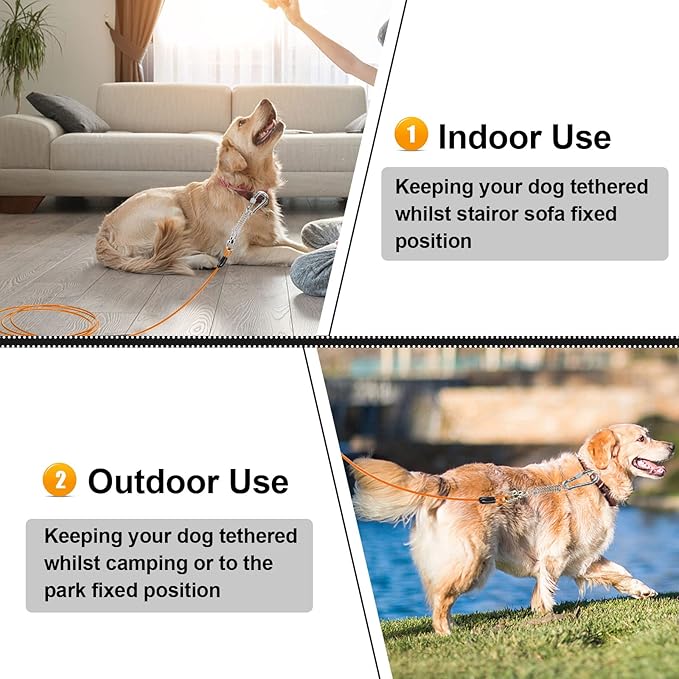 Jenico Dog Tie Out Cable, 10/15/20/30/40/50/70/100/150FT Runner Cable with Swivel Hook and Shock Spring, Yard and Camping Dog Leash Run Tether, Small to Medium Pets Up to 500 LBS