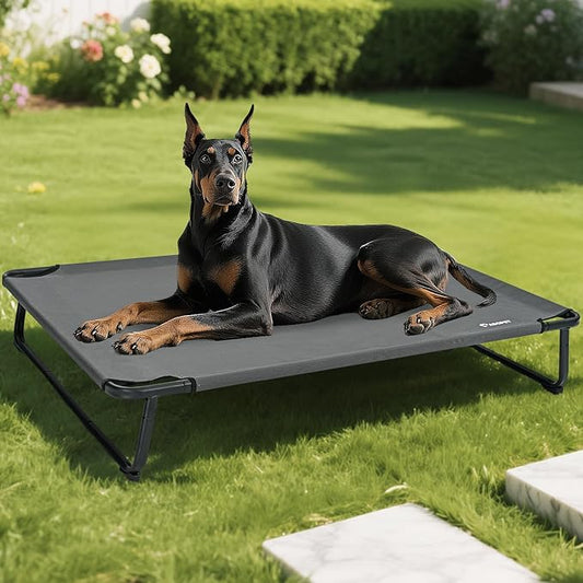 Elevated Dog Bed, Outdoor Dog Bed Raised Bed Cooling Waterproof Pet Beds Cots Stable and Easy Assembly, Teslin Fabric with 1.2mm Thick Iron Frame, Breathable, Ultra-Sturdy，Grey, 48 * 32 * 8.7