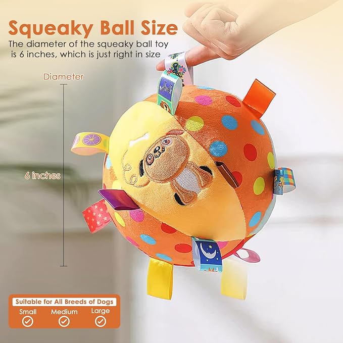 Dog Squeaky Plush Toy with Straps, 6-Inch Soft Stuffed Ball with Cotton Material and Bell Built-in, Pet Interactive Fetch Toy for Small to Large Dog