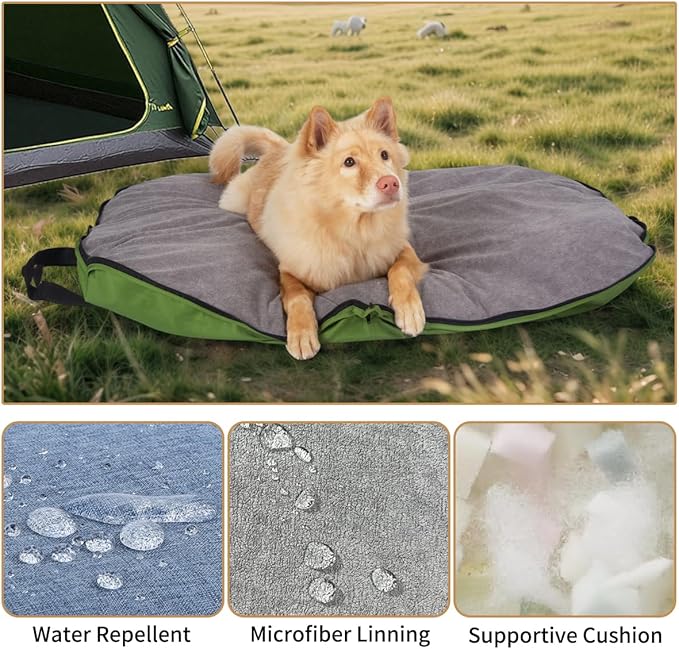 Portable Waterproof Dog Mat for Camping, Patio & Travel - Foldable Outdoor Dog Bed with Teflon Shell & Removable Plush Pad - Easy Clean, Durable - S (Sage Green)